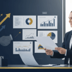 Professional businessperson planning exit strategy with charts and documents in modern office setting