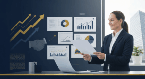 Professional businessperson planning exit strategy with charts and documents in modern office setting