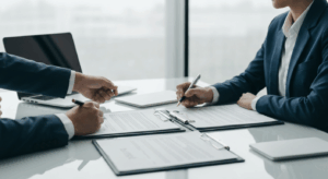 Professional business meeting showing business purchase agreement being signed with documents and handshake