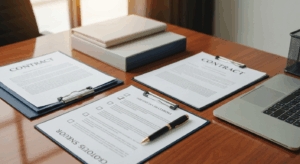 Professional business documents and checklist organized on desk for business sale preparation