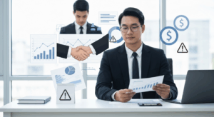 Professional business owner reviewing documents and financial charts for business sale preparation, representing the complete guide to avoiding critical business sale mistakes in 2025