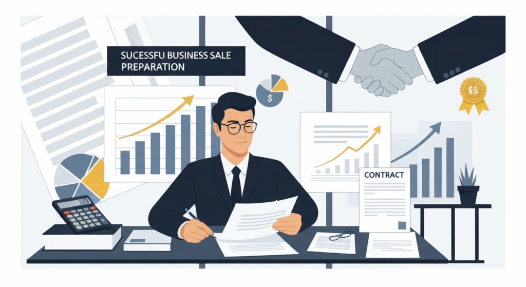 Professional business owner preparing documents for business sale with financial charts and growth trends