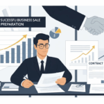 Professional business owner preparing documents for business sale with financial charts and growth trends