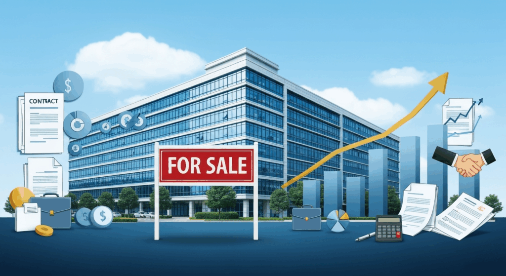 Professional business building with for sale sign, financial charts and business preparation elements