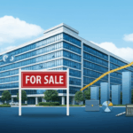 Professional business building with for sale sign, financial charts and business preparation elements