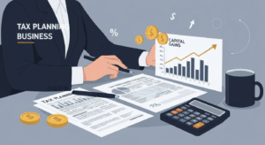 Professional businessman reviewing tax documents and financial charts for business sale tax planning