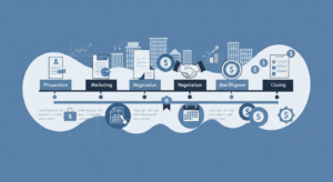 Professional timeline illustration showing the 5 phases of selling a business: preparation, marketing, negotiation, due diligence, and closing