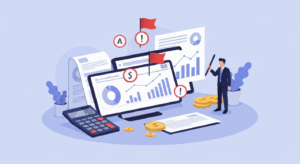 Professional business owner analyzing financial charts and graphs with warning symbols indicating potential business valuation mistakes