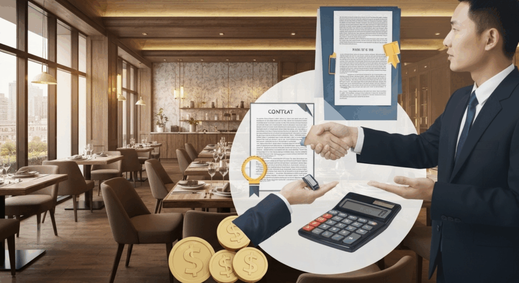 Professional illustration of restaurant business sale transaction with business people discussing deal in modern restaurant setting