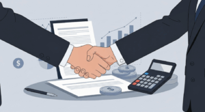 Professional business handshake with financial documents representing business broker fees and selling costs