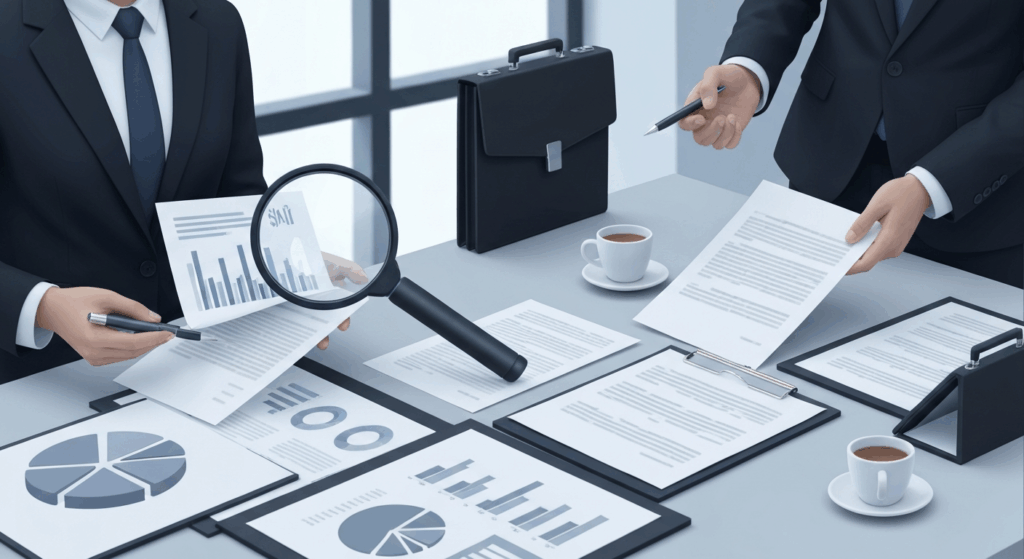 Professional business meeting showing due diligence process for business sales with documents and charts