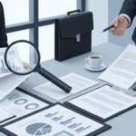 Professional business meeting showing due diligence process for business sales with documents and charts