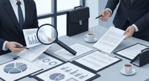 Professional business meeting showing due diligence process for business sales with documents and charts