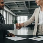 Professional business handshake over legal documents representing business sale letter of intent negotiations