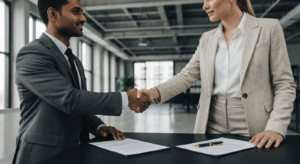 Professional business handshake over legal documents representing business sale letter of intent negotiations