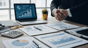 Professional business valuation concept with financial charts, calculator, and business documents representing how to value a business for sale