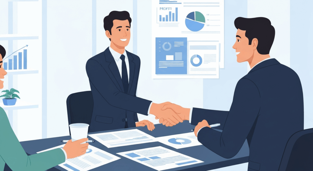 Professional business owner shaking hands with buyer in modern office, representing successful business sale without broker