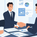 Professional business owner shaking hands with buyer in modern office, representing successful business sale without broker